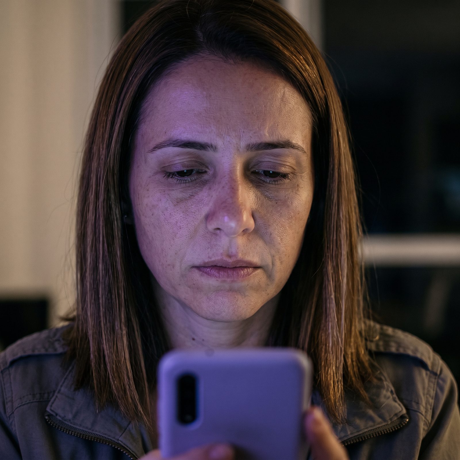 Mulher autônoma cansada olhando o celular à noite